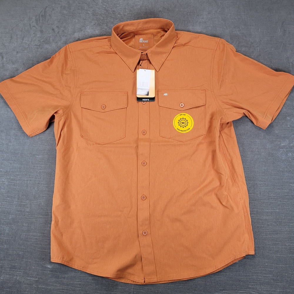 Berne Mens UPF 50+ Sun Protection Short Sleeve Fishing Hiking Shirt Orange Large